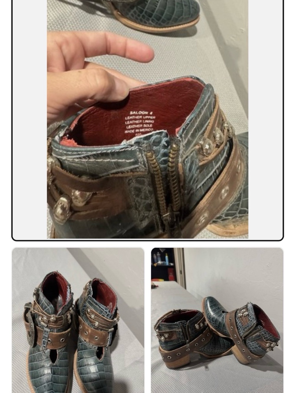 freebird Teal Croc-Embossed Ankle Boots with Brown Straps